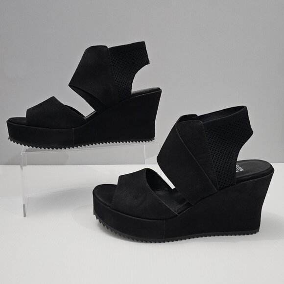 NEW Eileen Fisher Lio Wedge Womens 8.5 Black Leather Platform Sandal Chunky - Picture 2 of 14